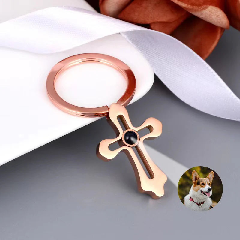 Personalized Religious Projection Keepsake Keychain Gift with Photo Inside Rose gold
