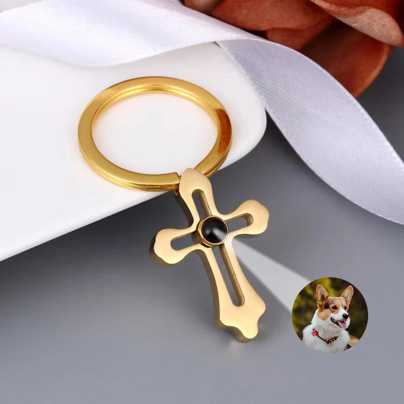 Personalized Religious Projection Keepsake Keychain Gift with Photo Inside Gold