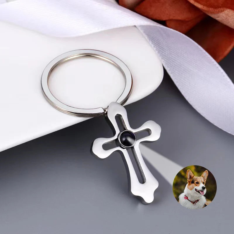 Personalized Religious Projection Keepsake Keychain Gift with Photo Inside Silver