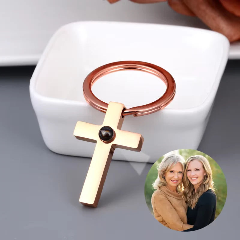 Personalized Photo Projection Cross Keychain with Picture Inside Rose gold