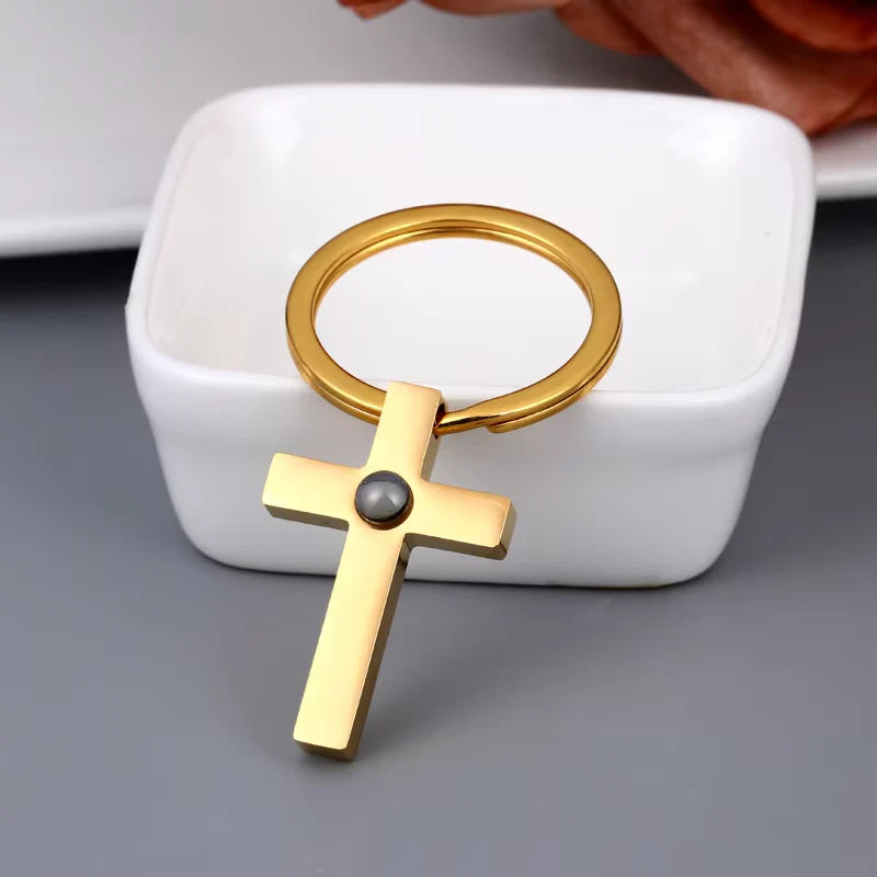 Personalized Photo Projection Cross Keychain with Picture Inside Gold