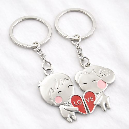 Adorable Couple Keychain Set with Red Love Heart Charm
