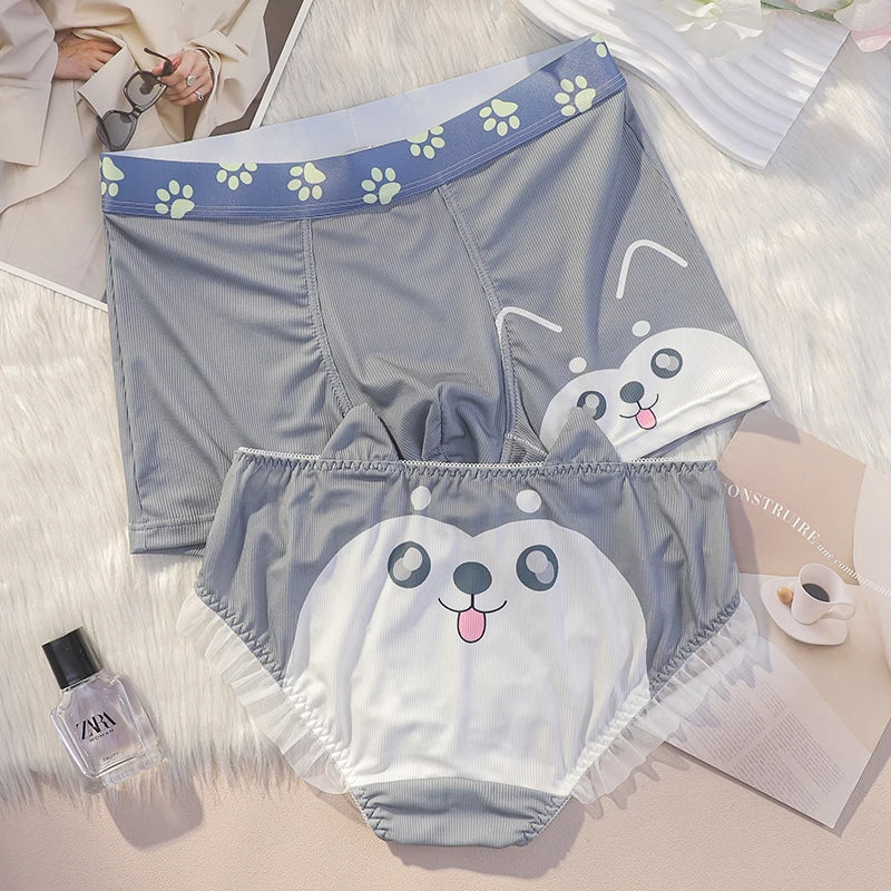 Matching Animal Face Print Couple Underwear – Smooth Lightweight Set Gray