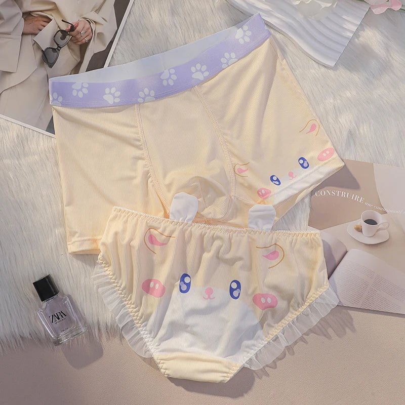 Matching Animal Face Print Couple Underwear – Smooth Lightweight Set Yellow