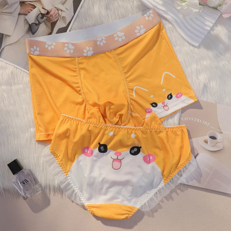 Matching Animal Face Print Couple Underwear – Smooth Lightweight Set Orange