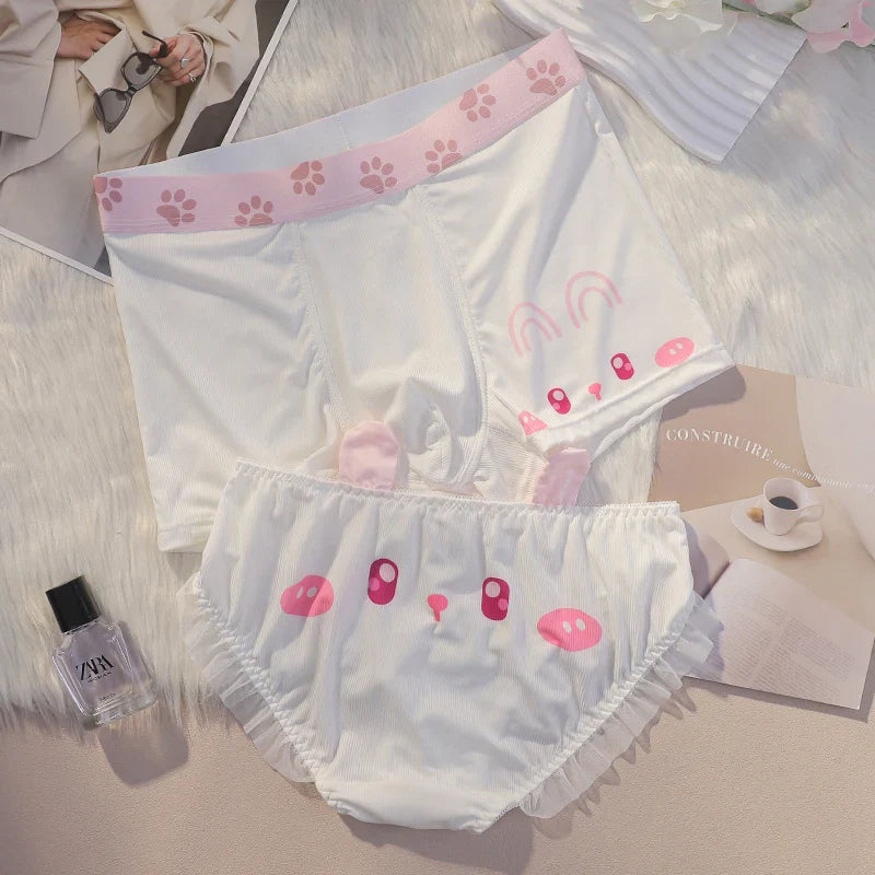Matching Animal Face Print Couple Underwear – Smooth Lightweight Set White