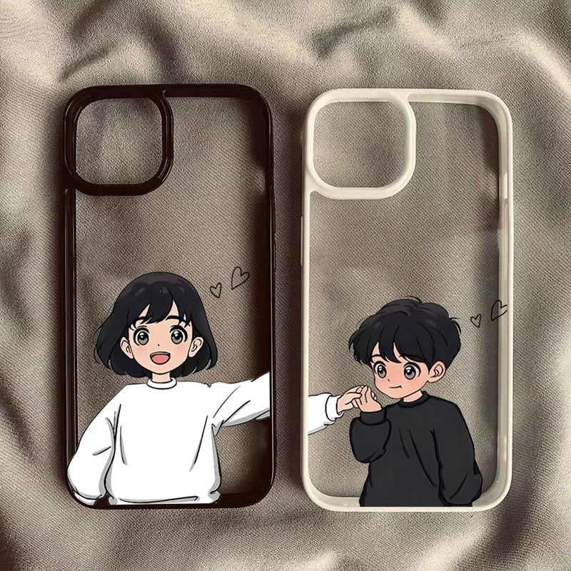 Cartoon Couple Matching Phone Case Set – Cute Boy & Girl Clear Cover for Couples