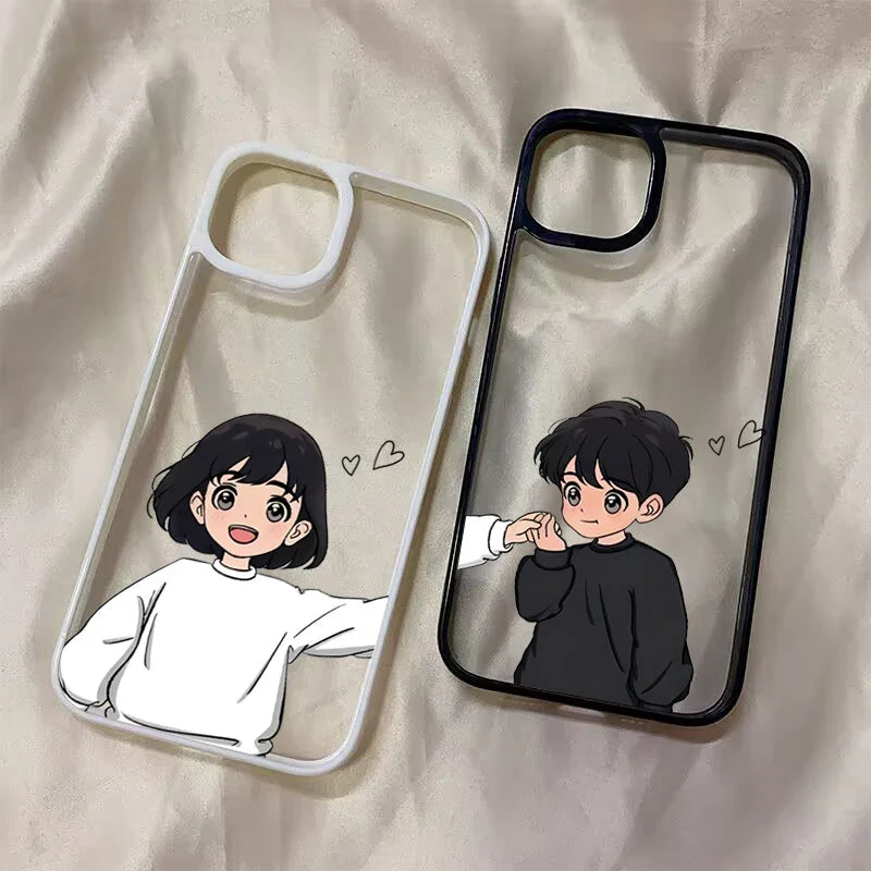 Cartoon Couple Matching Phone Case Set – Cute Boy & Girl Clear Cover for Couples