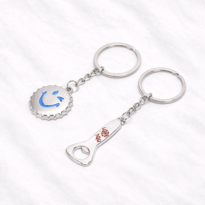 Bottle Cap and Opener Matching Couple Keychain Set