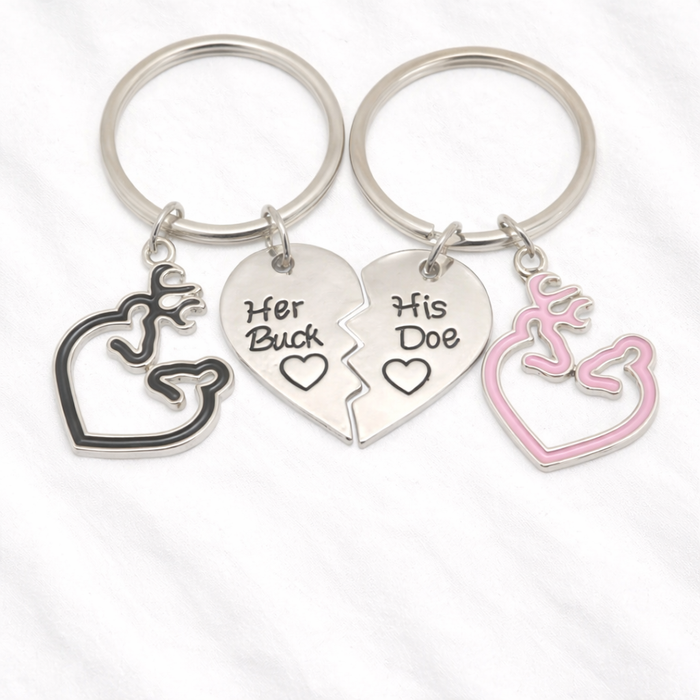 Buck and Doe Couple Keyrings with Split Heart Charm