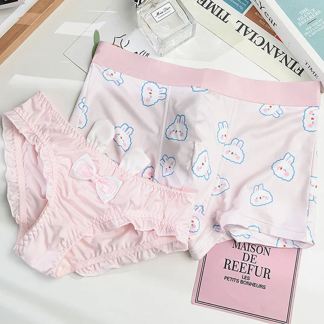 Blue Bunny Print Matching Couples Underwear – Premium Cotton Set Pink
