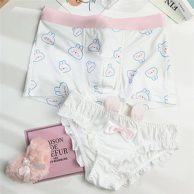 Blue Bunny Print Matching Couples Underwear – Premium Cotton Set White