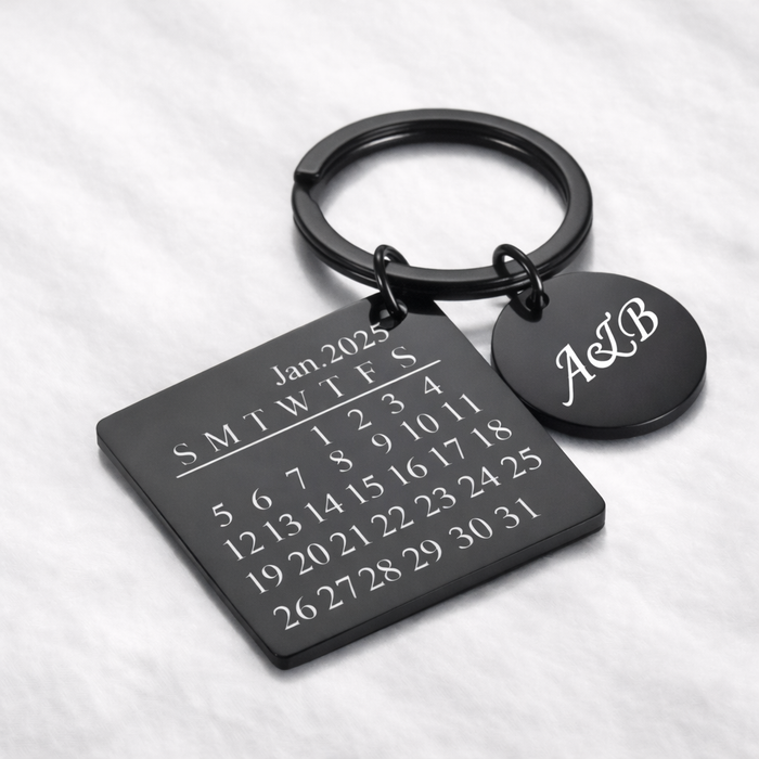Personalised Anniversary Calendar Keyring with Custom Date & Name Charm Black