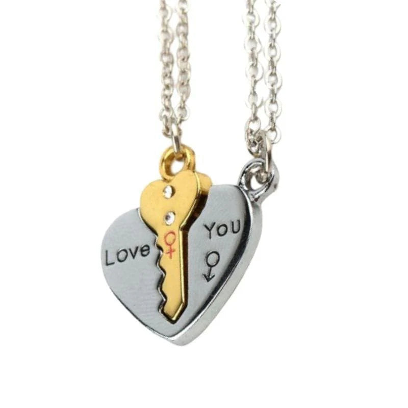 Key and Heart Necklace Set for Couples – Matching Romantic Jewellery Silver Gold