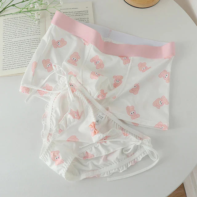 Couples Matching Pink Bunny Print Underwear – Premium Cotton Set White