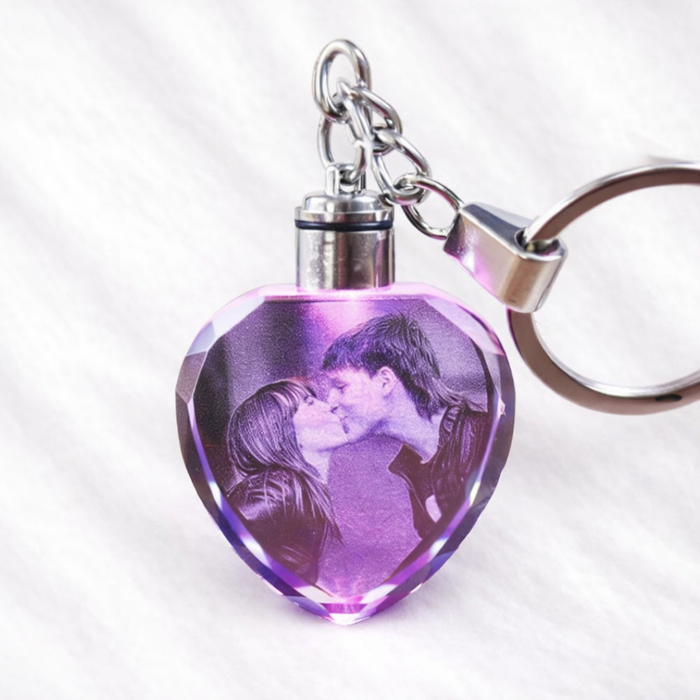 Custom Engraved Crystal Heart Keyring with Couple Photo