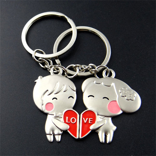 Adorable Couple Keychain Set with Red Love Heart Charm
