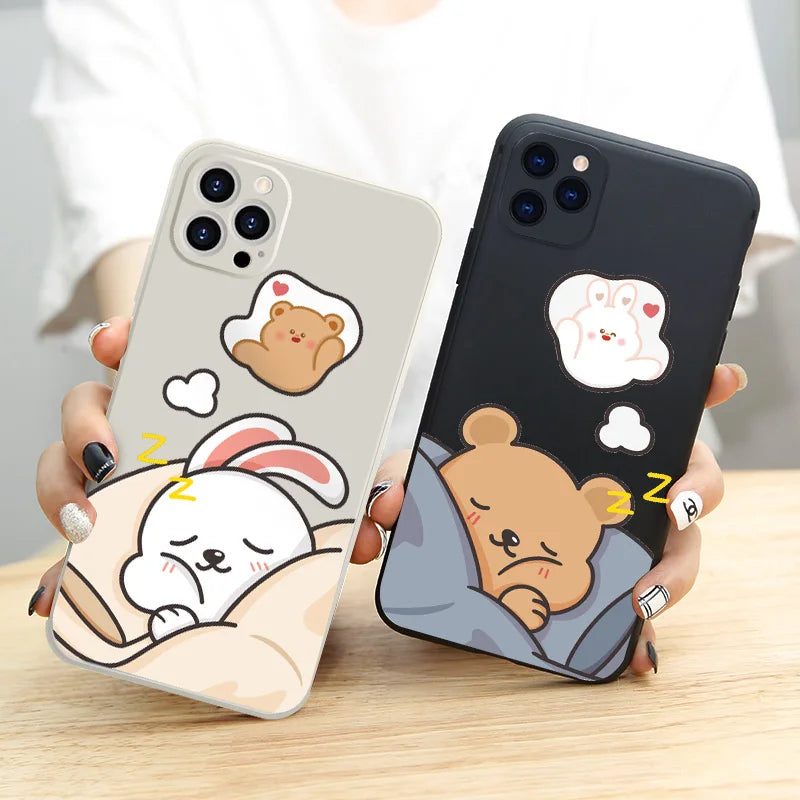 Cute Sleeping Bunny & Bear Couple Phone Case Set – Adorable Matching Covers