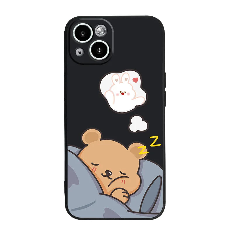 Cute Sleeping Bunny & Bear Couple Phone Case Set – Adorable Matching Covers Black