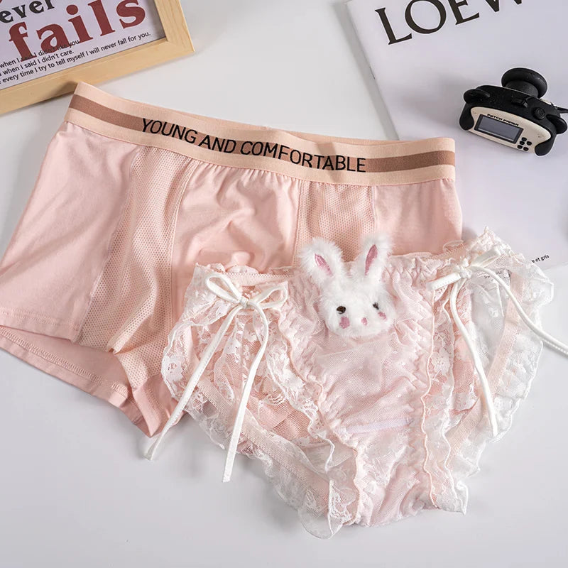 Cute Bunny Matching Couples Underwear – Smooth Lightweight Set Pink Women M - Men L