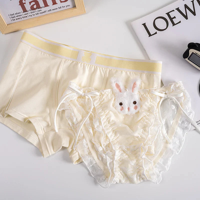 Cute Bunny Matching Couples Underwear – Smooth Lightweight Set Pink Women L - Men XXL