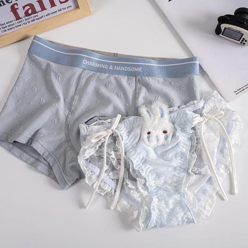 Cute Bunny Matching Couples Underwear – Smooth Lightweight Set Pink Women L - Men XL