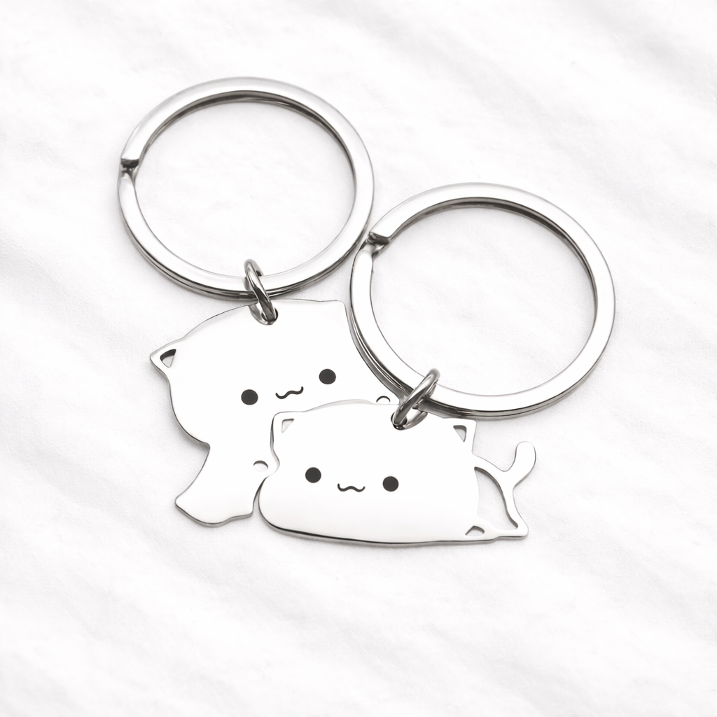 Cute Cat Couple Keychain Set – Adorable Matching Metal Keyrings for Partners