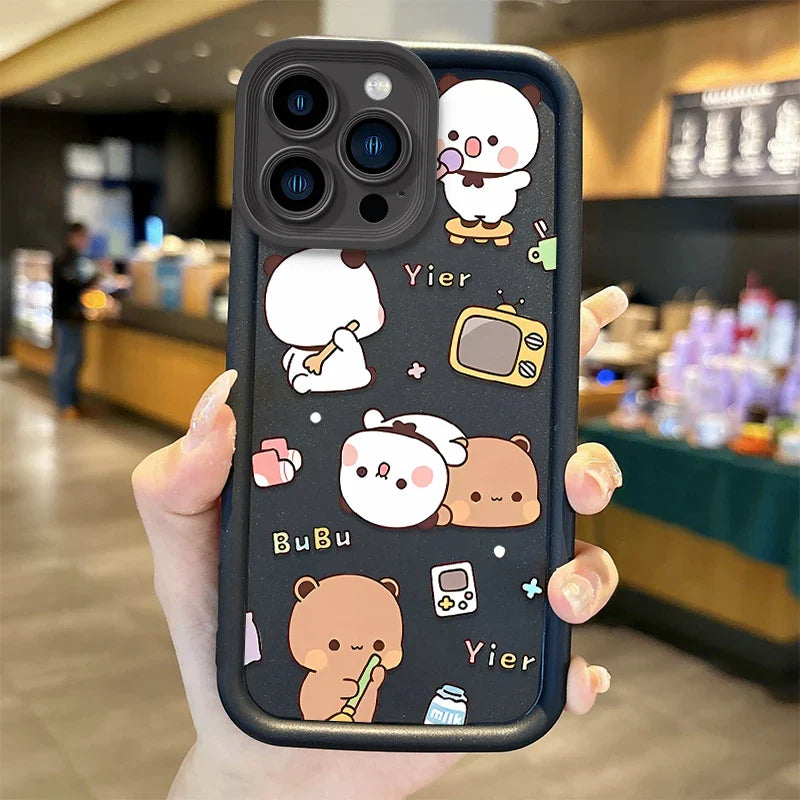Cute Bear Couple Phone Case Set – Matching Cartoon iPhone Covers for Partners Black A