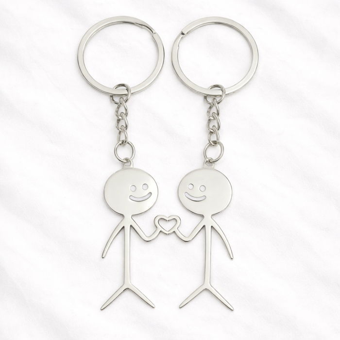 Cute Couple Stick Figure Keychain Set with Heart Detail – Matching Love Keyrings