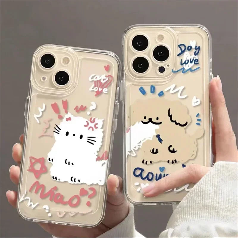 Kawaii Pet Couple Phone Cases – Adorable Cat & Dog Clear Cover Set