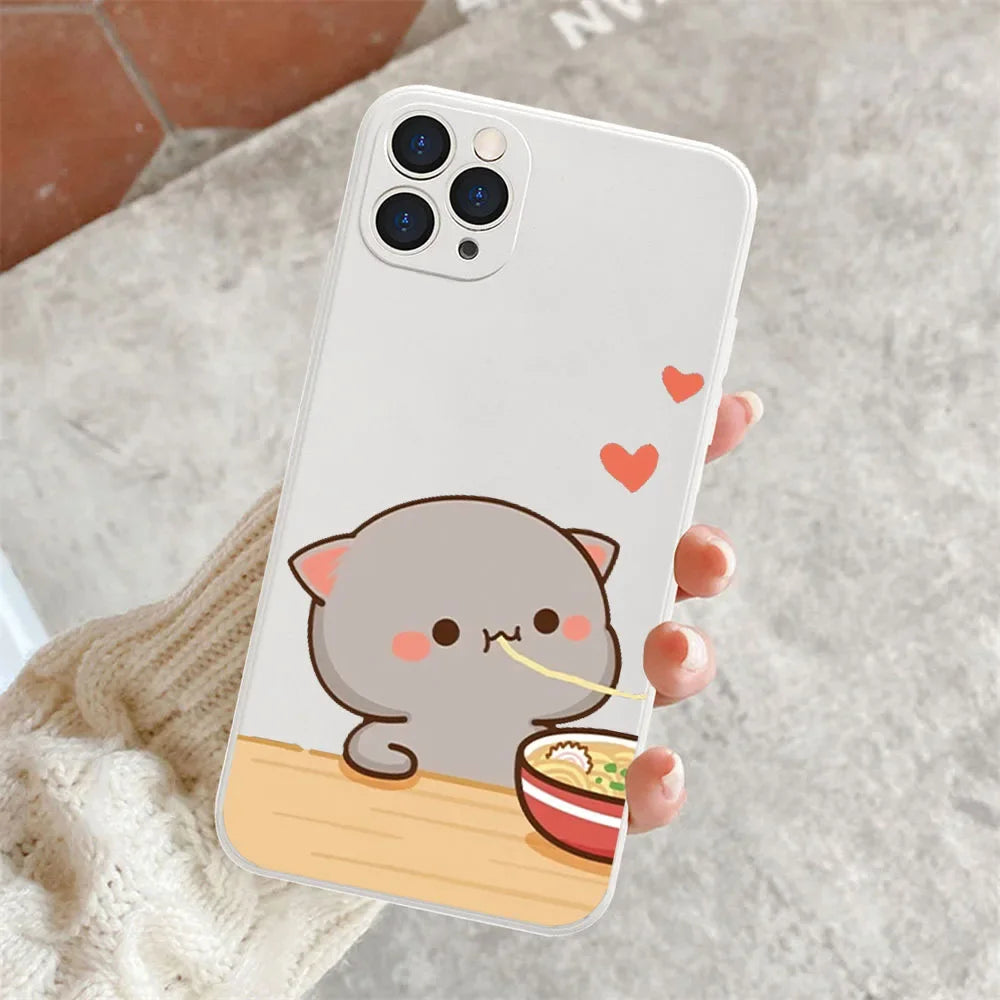 Cute Cat Couple Phone Case Set – Adorable Ramen Lover Matching Covers White 2