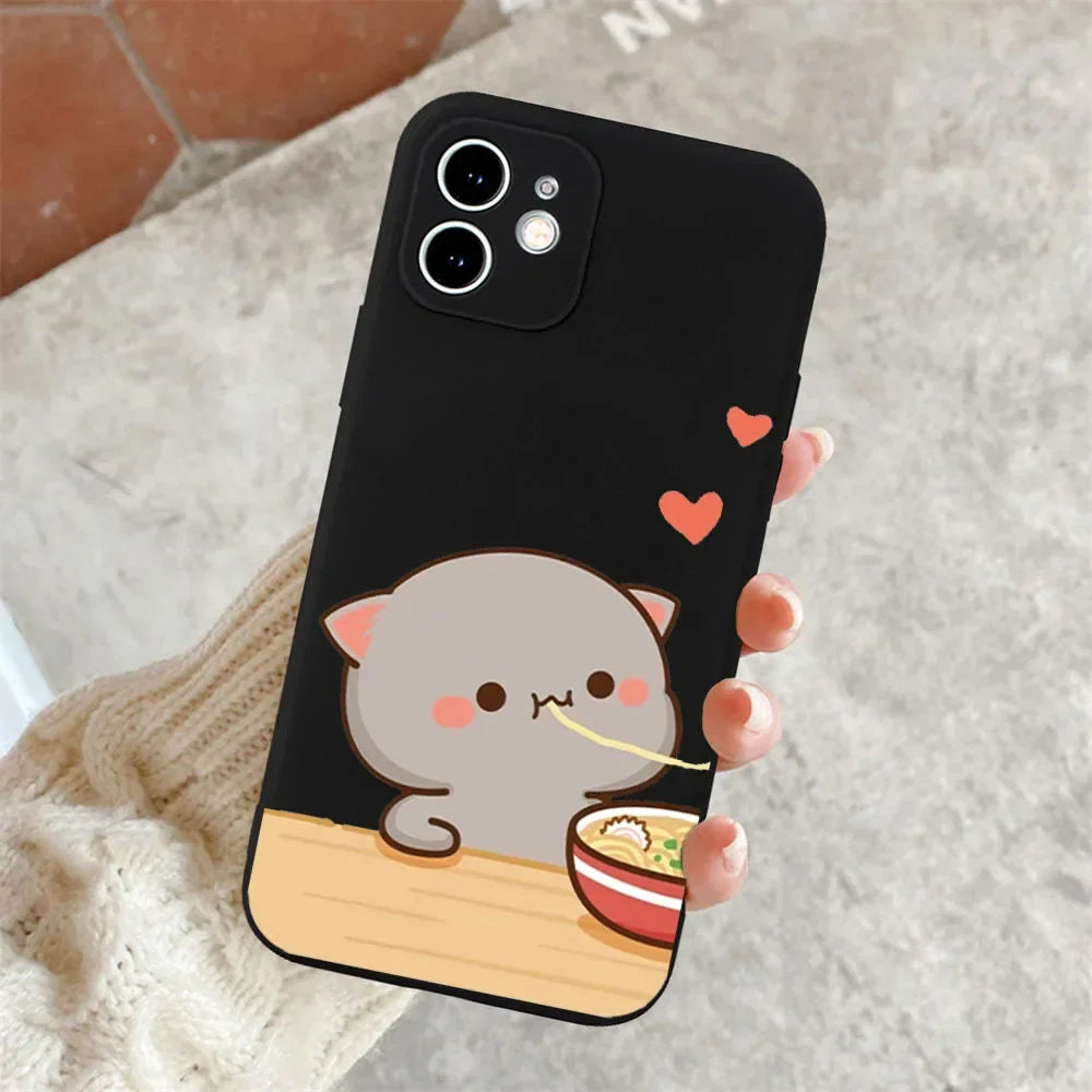 Cute Cat Couple Phone Case Set – Adorable Ramen Lover Matching Covers Black 1