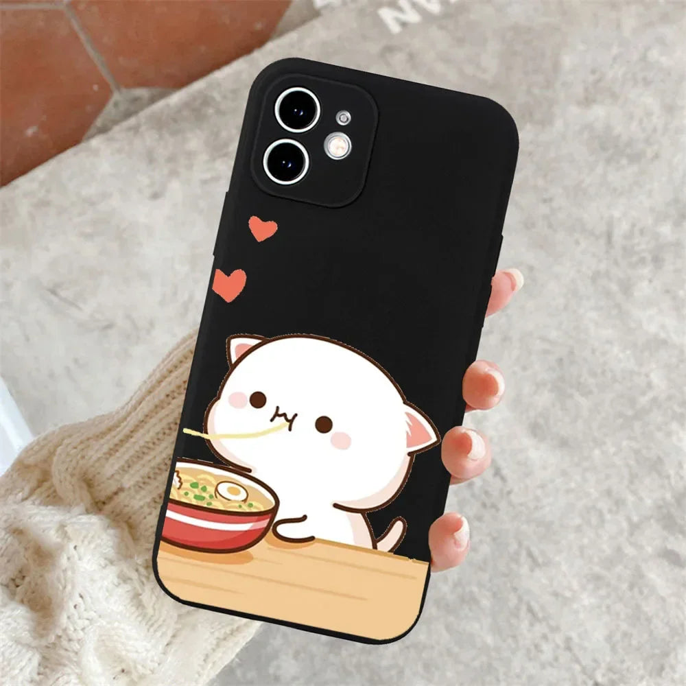 Cute Cat Couple Phone Case Set – Adorable Ramen Lover Matching Covers Black 2