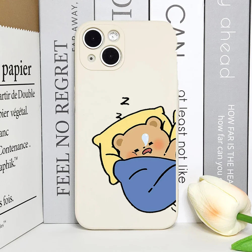 Cute Bear & Bunny Couples Phone Case Set – Matching Cartoon Sleep Design White 2