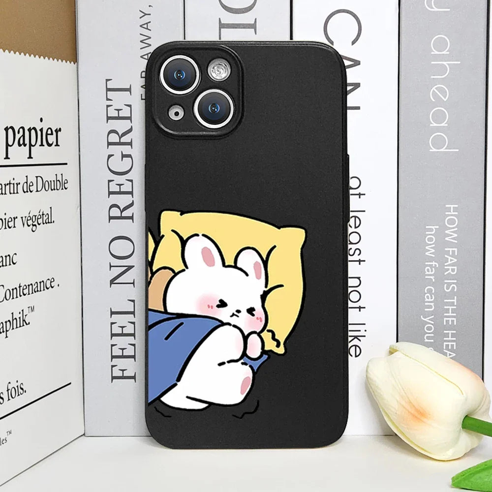 Cute Bear & Bunny Couples Phone Case Set – Matching Cartoon Sleep Design Black 1