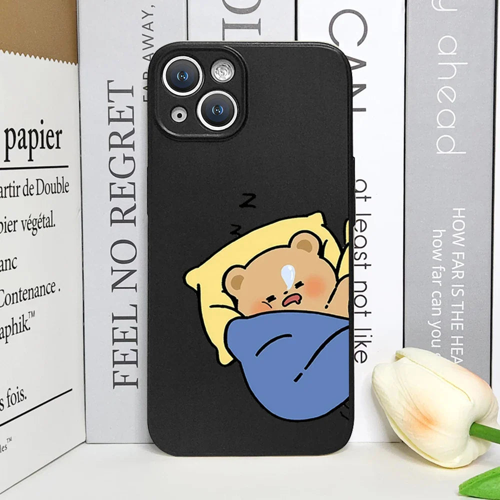 Cute Bear & Bunny Couples Phone Case Set – Matching Cartoon Sleep Design Black 2