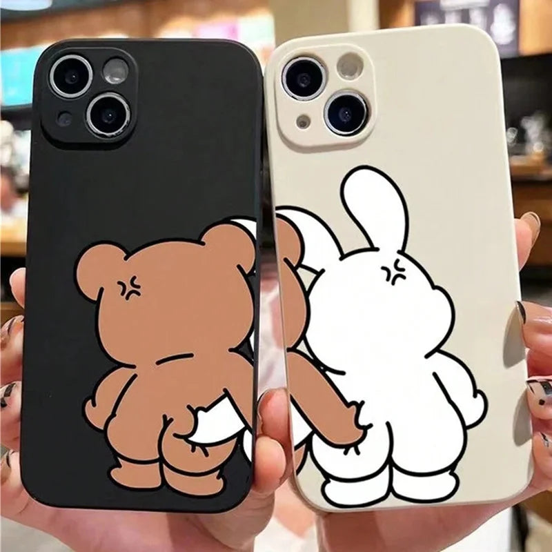 Cute Bear & Bunny Couples Phone Case Set – Matching Cartoon Hug Design for iPhone