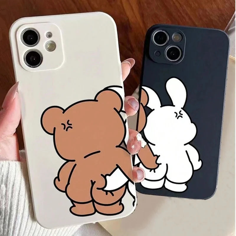 Cute Bear & Bunny Couples Phone Case Set – Matching Cartoon Hug Design for iPhone