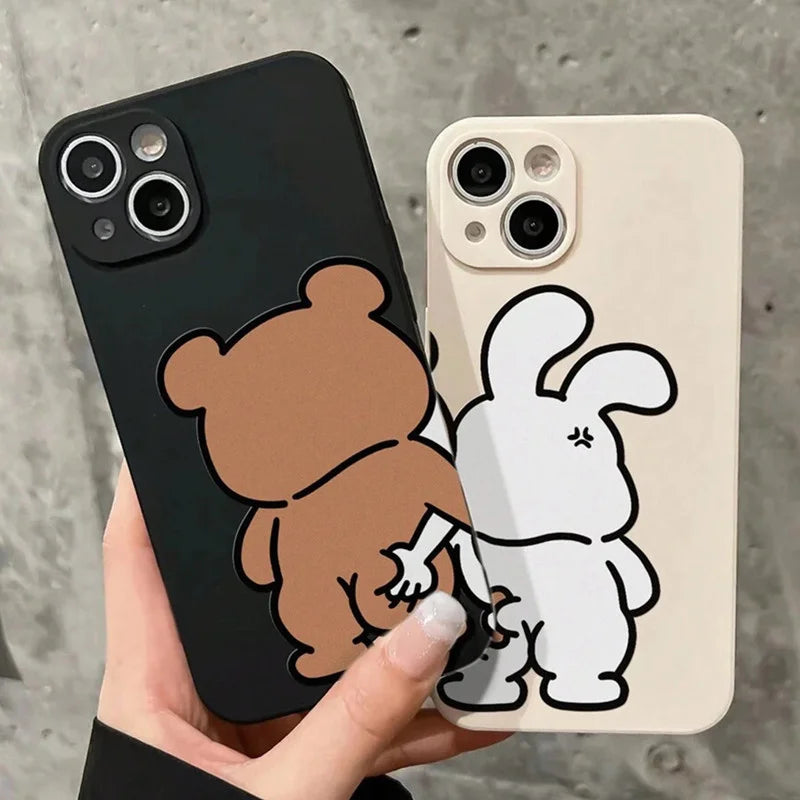 Cute Bear & Bunny Couples Phone Case Set – Matching Cartoon Hug Design for iPhone