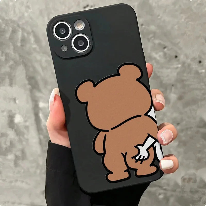 Cute Bear & Bunny Couples Phone Case Set – Matching Cartoon Hug Design for iPhone Black