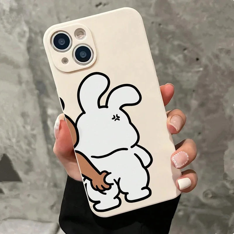 Cute Bear & Bunny Couples Phone Case Set – Matching Cartoon Hug Design for iPhone White