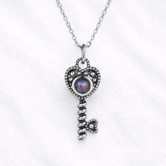 Handcrafted Vintage-Style Silver Key Shape Projection Photo Necklace