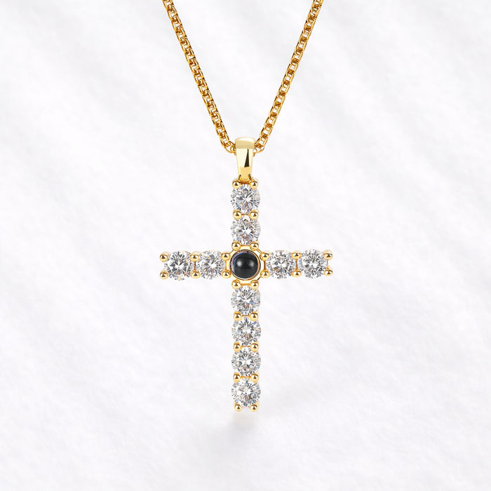 Light Ray Cross Photo Pendant with Picture Inside Gold