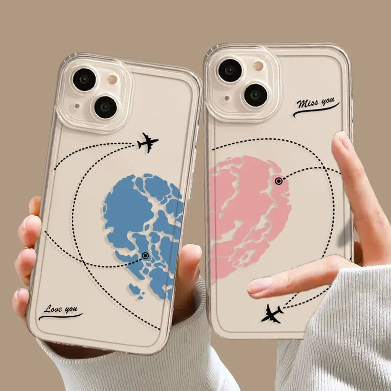 World Map Airplane Path Matching Phone Cases for Couples in Long Distance Relationships