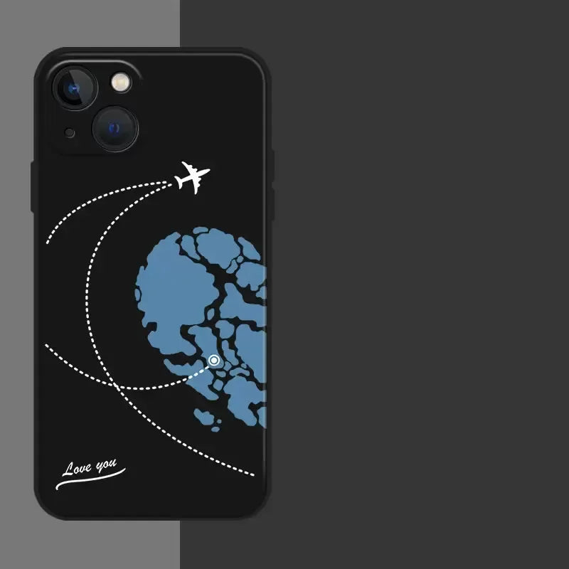 World Map Airplane Path Matching Phone Cases for Couples in Long Distance Relationships 1