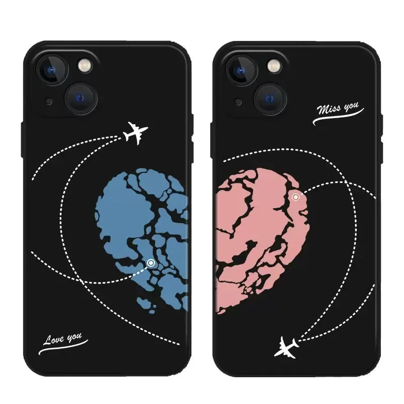 World Map Airplane Path Matching Phone Cases for Couples in Long Distance Relationships