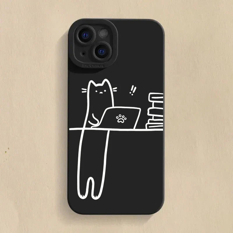 Cute Cat Couple Phone Case Set – Study & Sleep Matching Covers Black 2