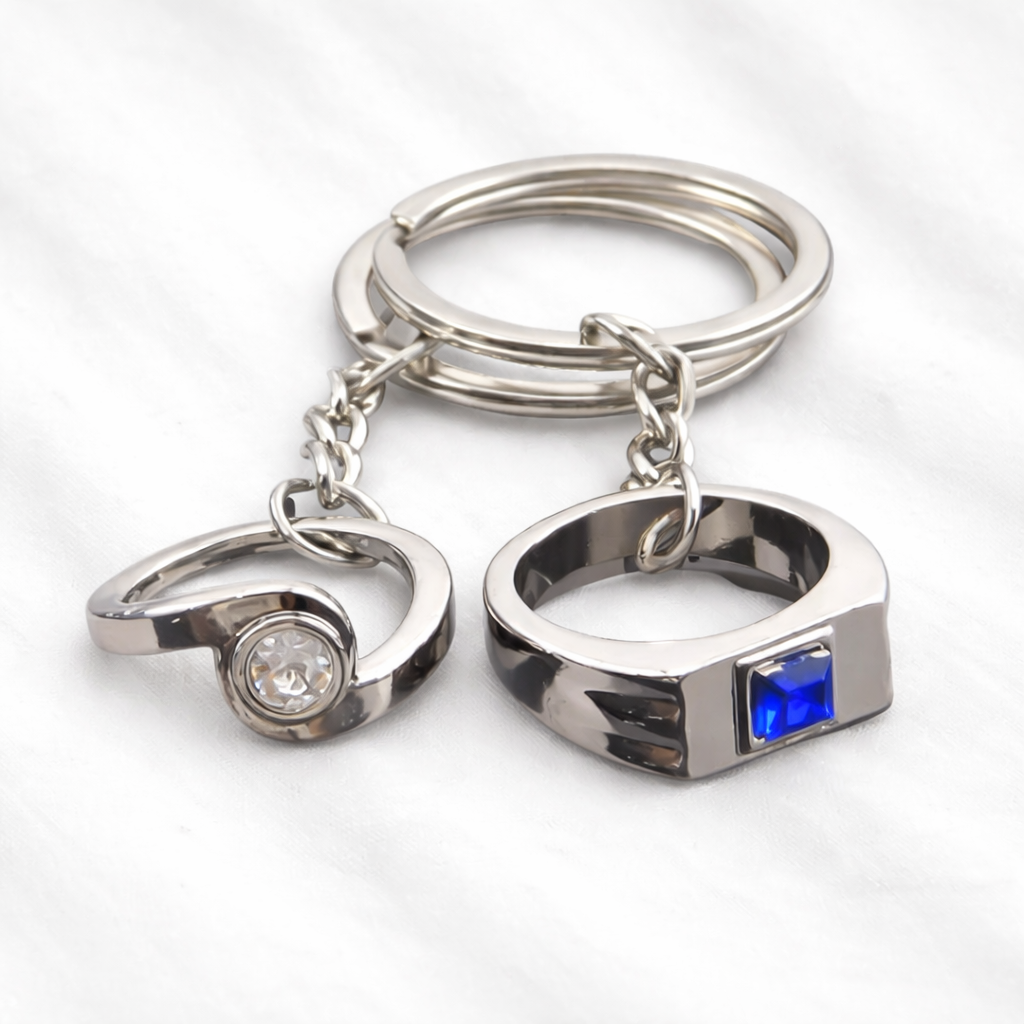 Personalised Two Ring Birthstone Keyring – Custom Gemstone Couple Keychain Gift