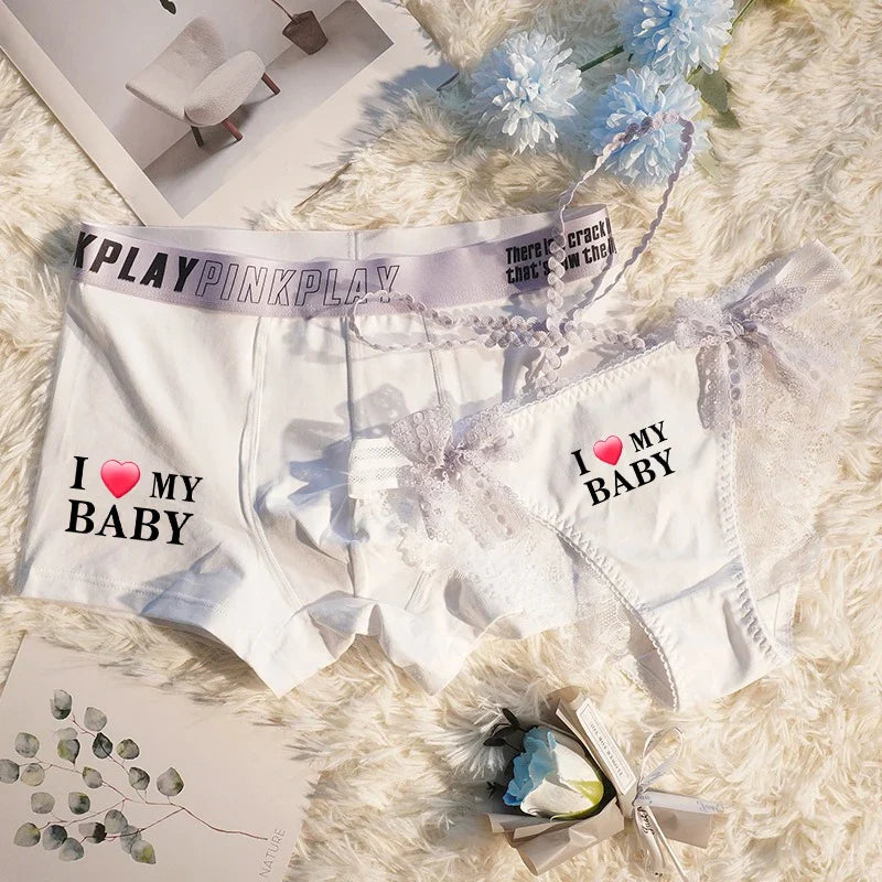 I Love My Girlfriend Matching Couples Underwear – Soft Cotton Set White - A