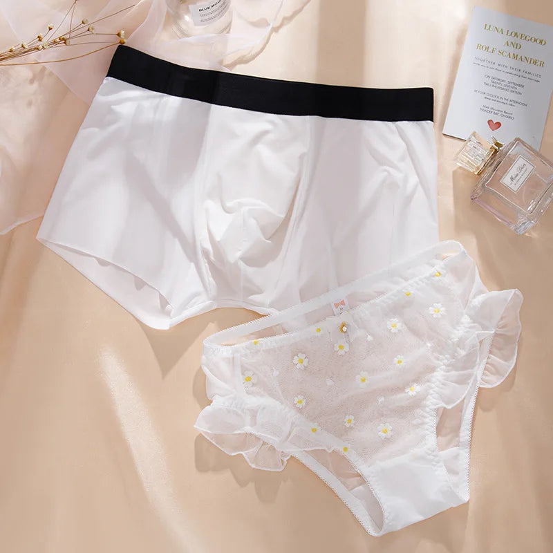 Daisy Print Cute Couple Underwear Set – Soft Stretch Blend White